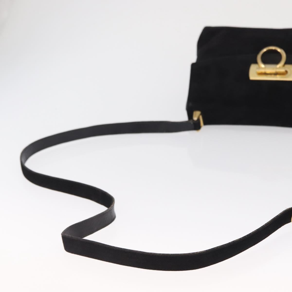 Salvatore Ferragamo Gancini Shoulder Bag Suede Black Gold Auth 163316