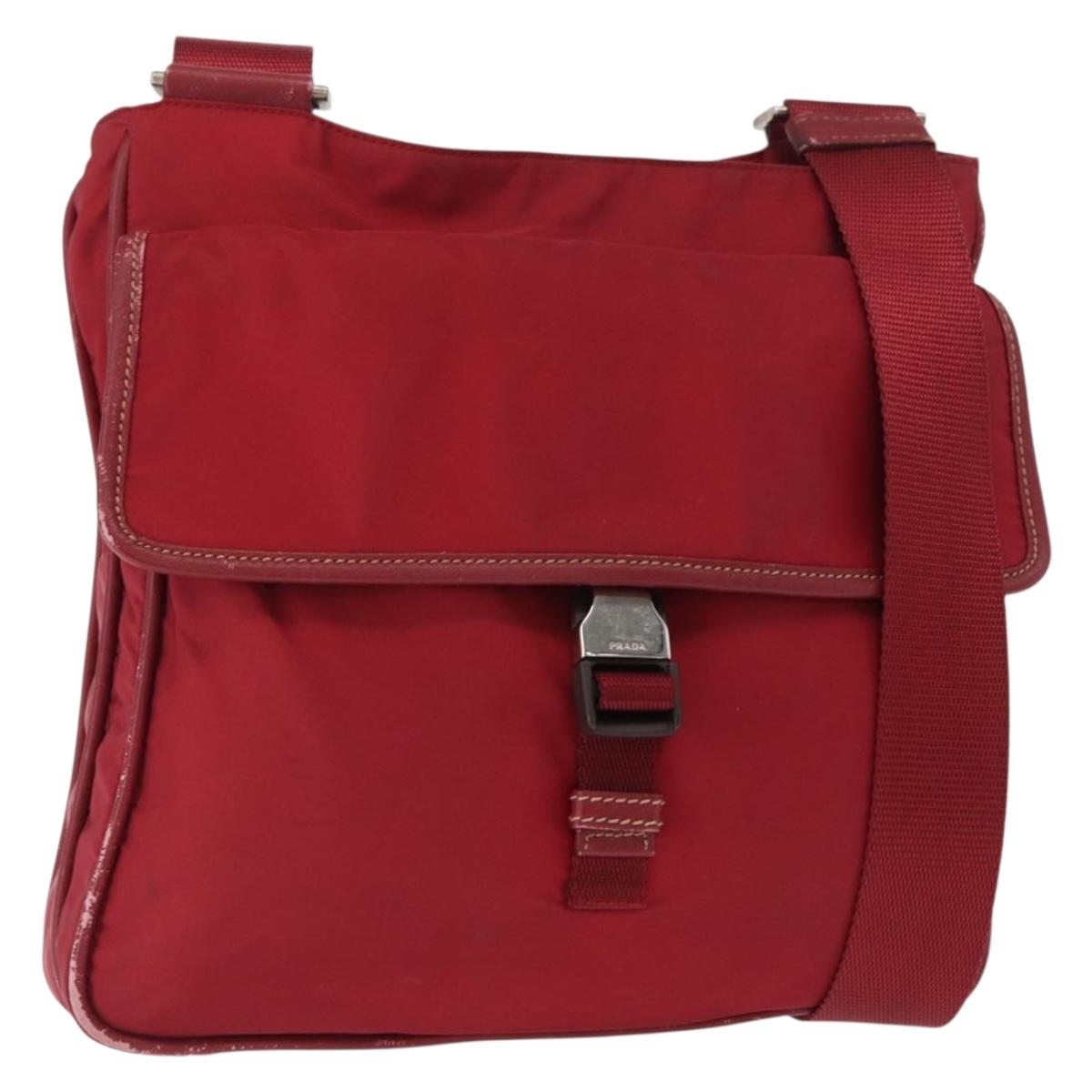 PRADA Shoulder Bag Nylon Red Silver Auth 163326