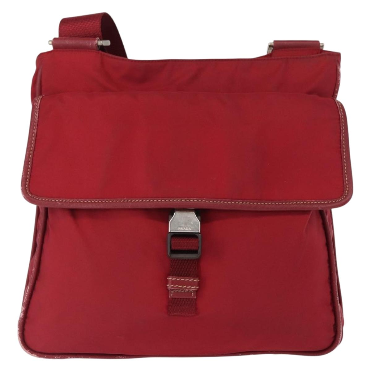PRADA Shoulder Bag Nylon Red Silver Auth 163326
