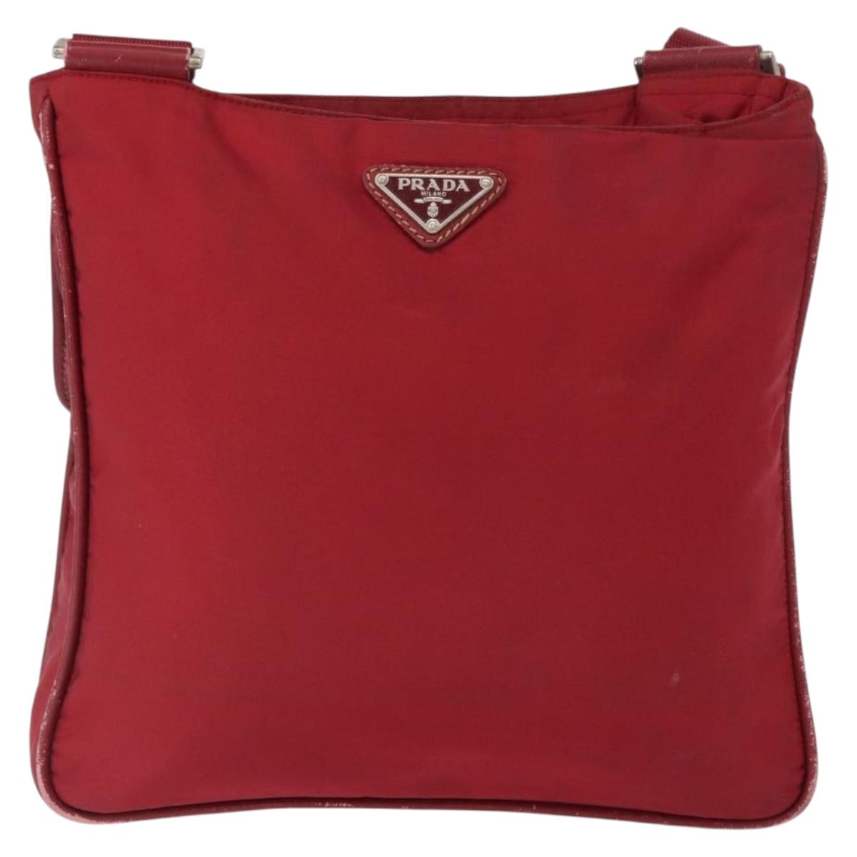 PRADA Shoulder Bag Nylon Red Silver Auth 163326