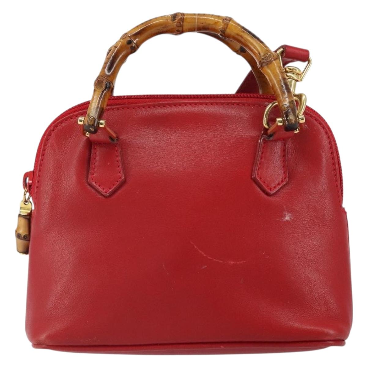 GUCCI Bamboo Hand Bag Leather 2way Red Gold 007 1014 0231 0 Auth 163343