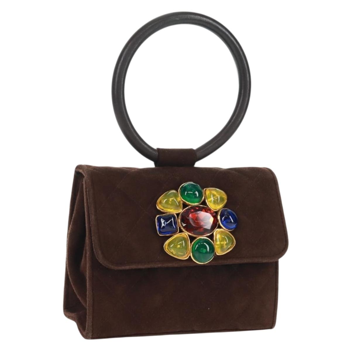 CHANEL Matelasse Gripoa Hand Bag Suede Brown Gold CC Auth 163367V