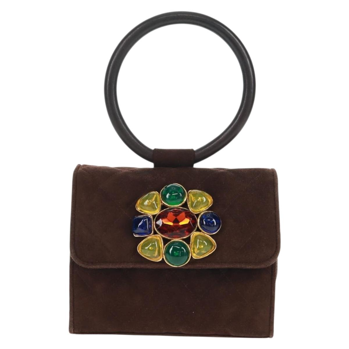 CHANEL Matelasse Gripoa Hand Bag Suede Brown Gold CC Auth 163367V