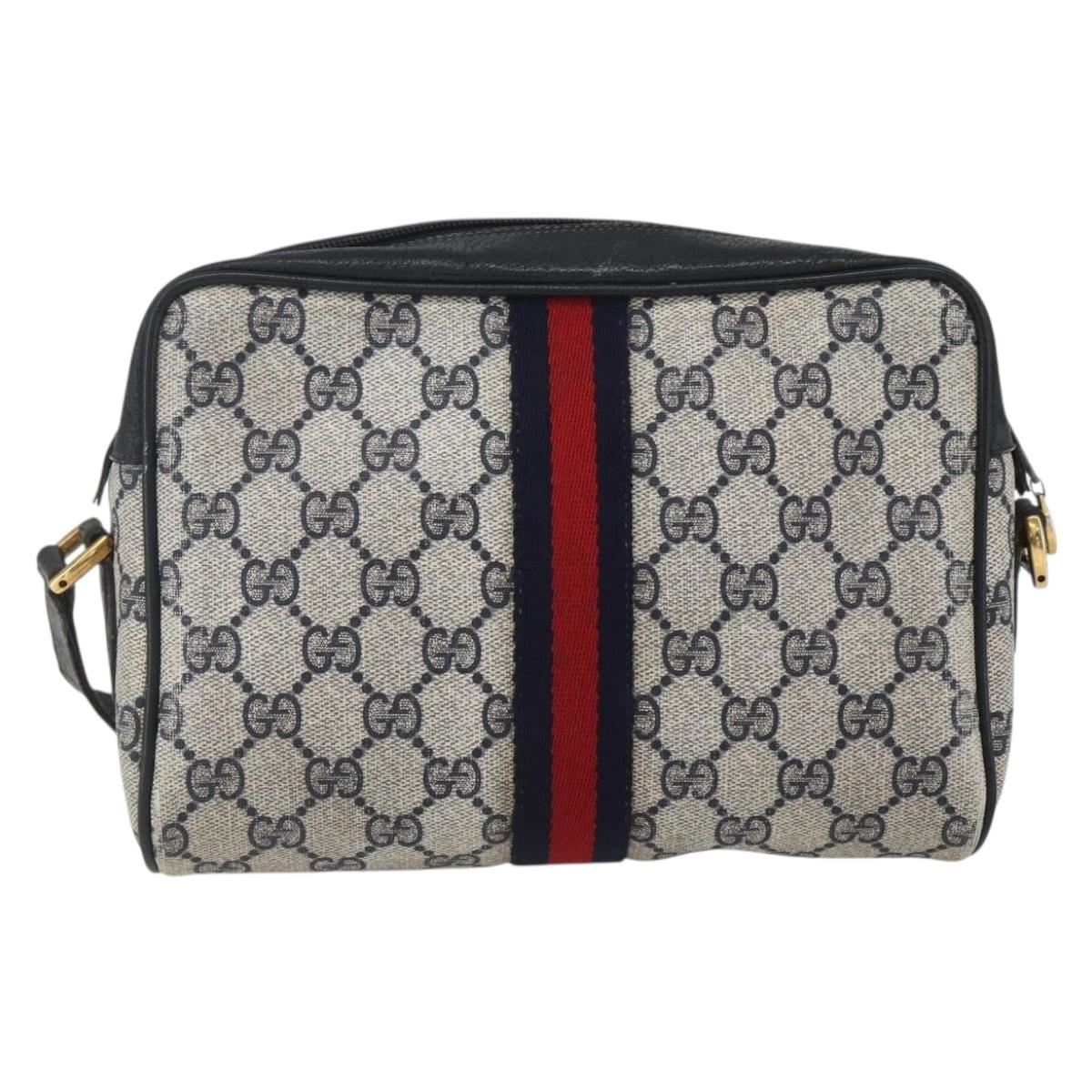 GUCCI GG Supreme Sherry Line Shoulder Bag PVC Navy Gold 75 02 004 Auth 163381