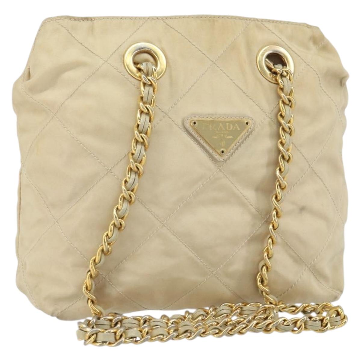 PRADA Chain Shoulder Bag Nylon Beige Gold Auth 163384