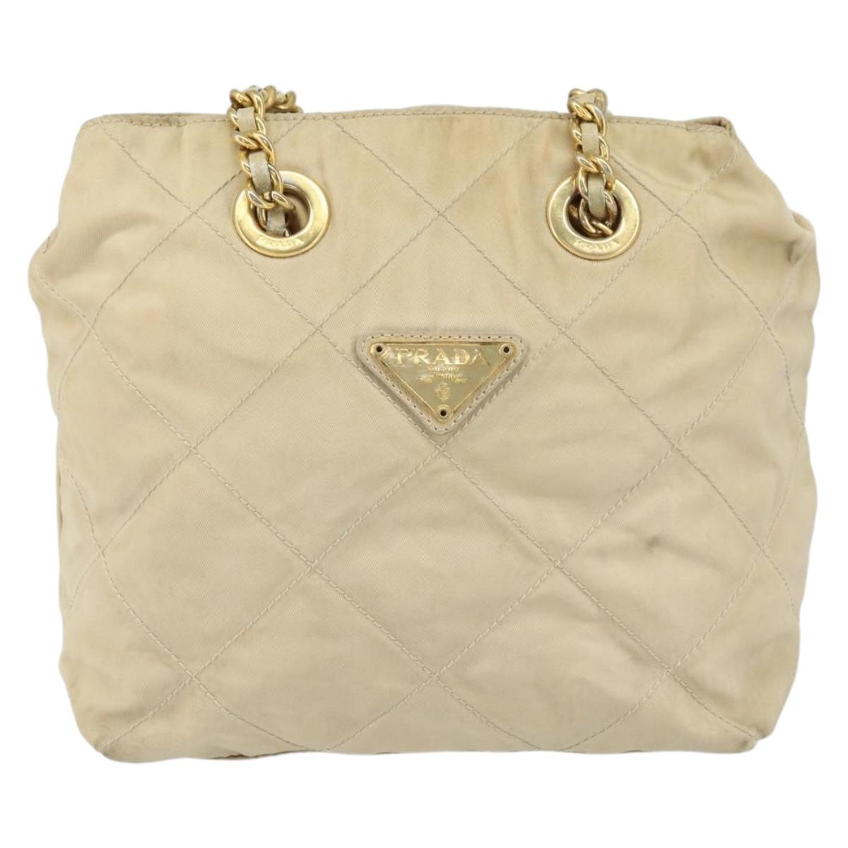 PRADA Chain Shoulder Bag Nylon Beige Gold Auth 163384