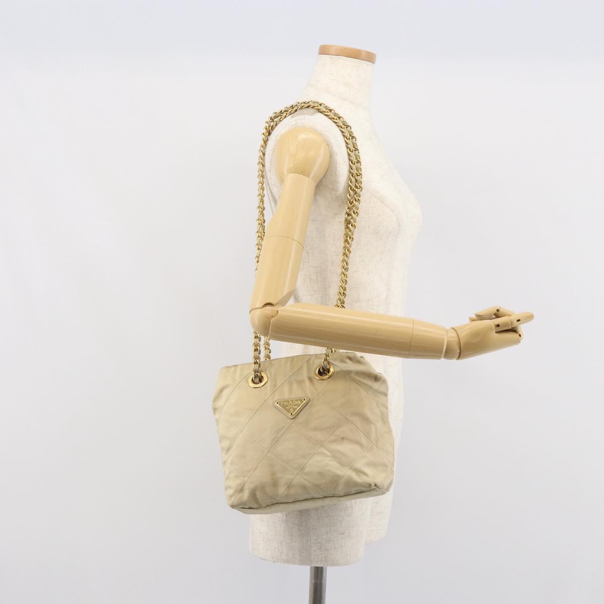 PRADA Chain Shoulder Bag Nylon Beige Gold Auth 163384
