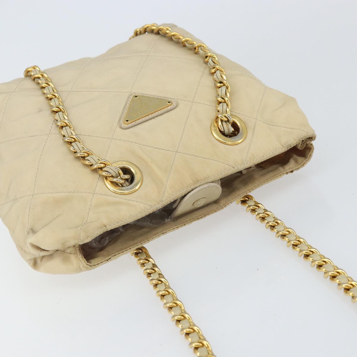 PRADA Chain Shoulder Bag Nylon Beige Gold Auth 163384