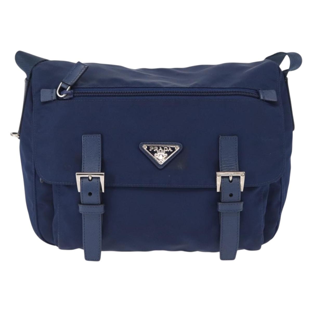 PRADA Shoulder Bag Nylon Navy Silver Auth 163395