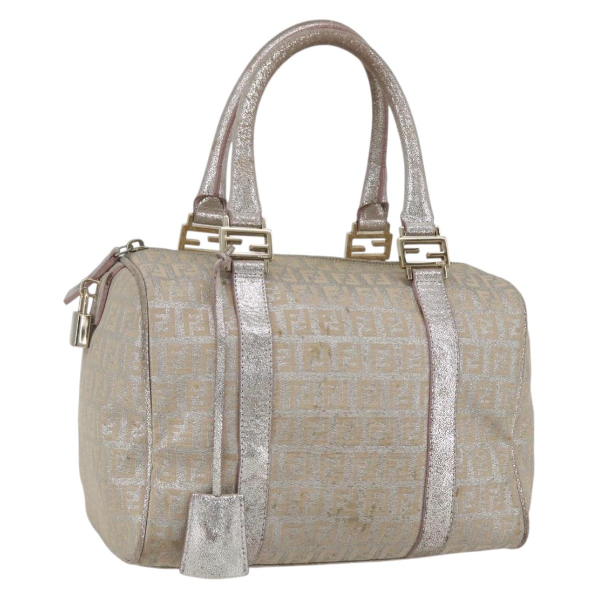 FENDI Zucchino Canvas Boston Bag Silver Auth 163401