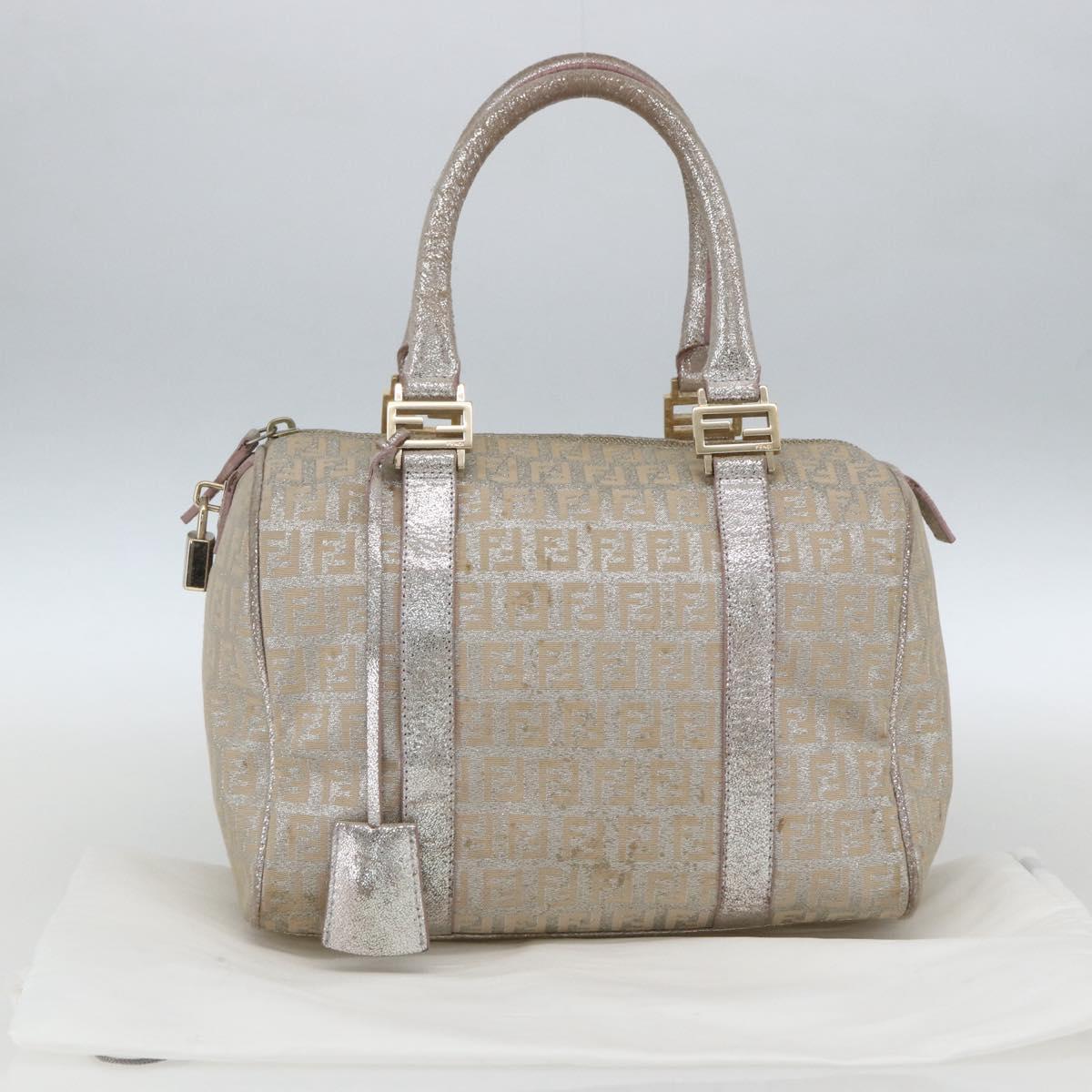 FENDI Zucchino Canvas Boston Bag Silver Auth 163401