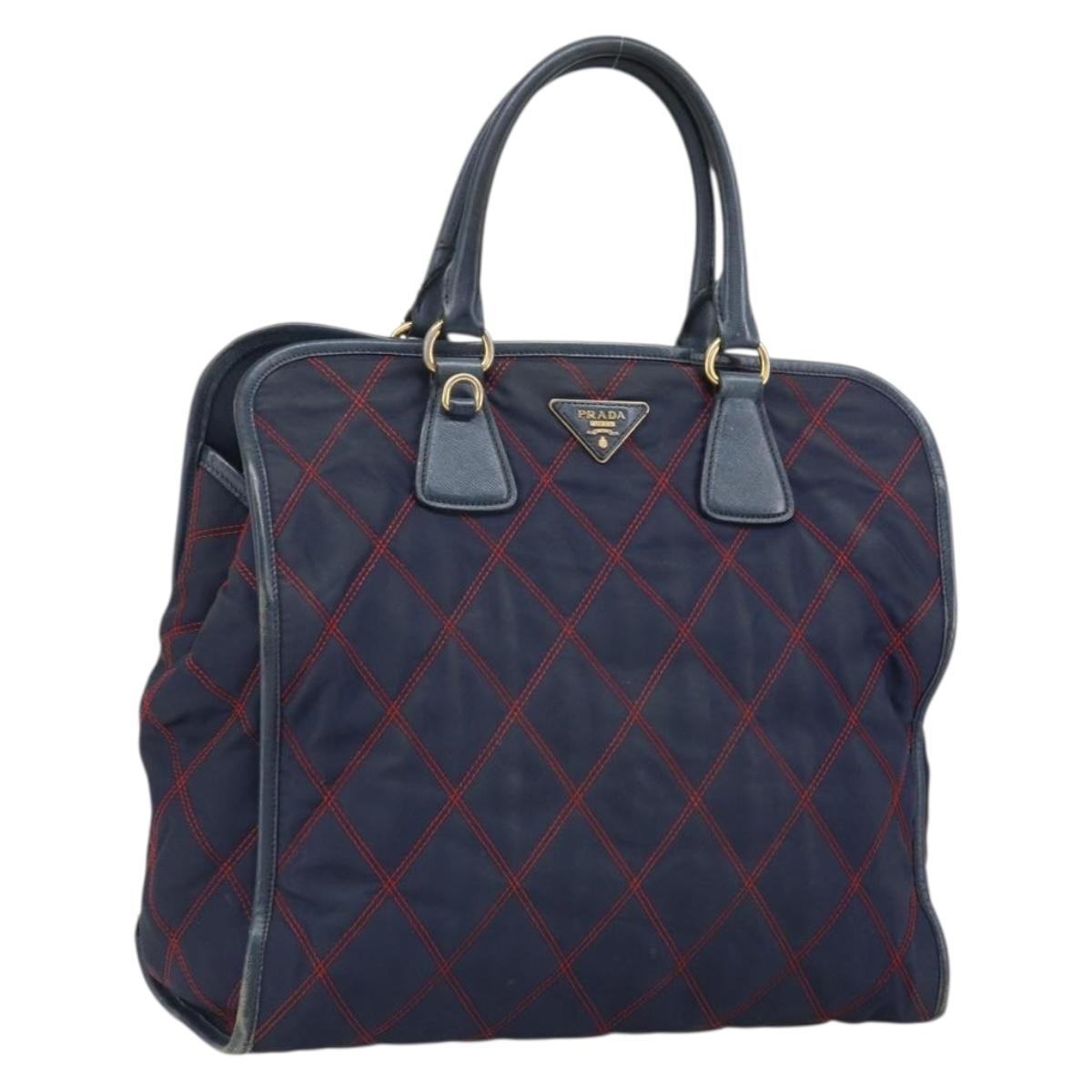 PRADA Hand Bag Nylon Navy Gold Auth 163420