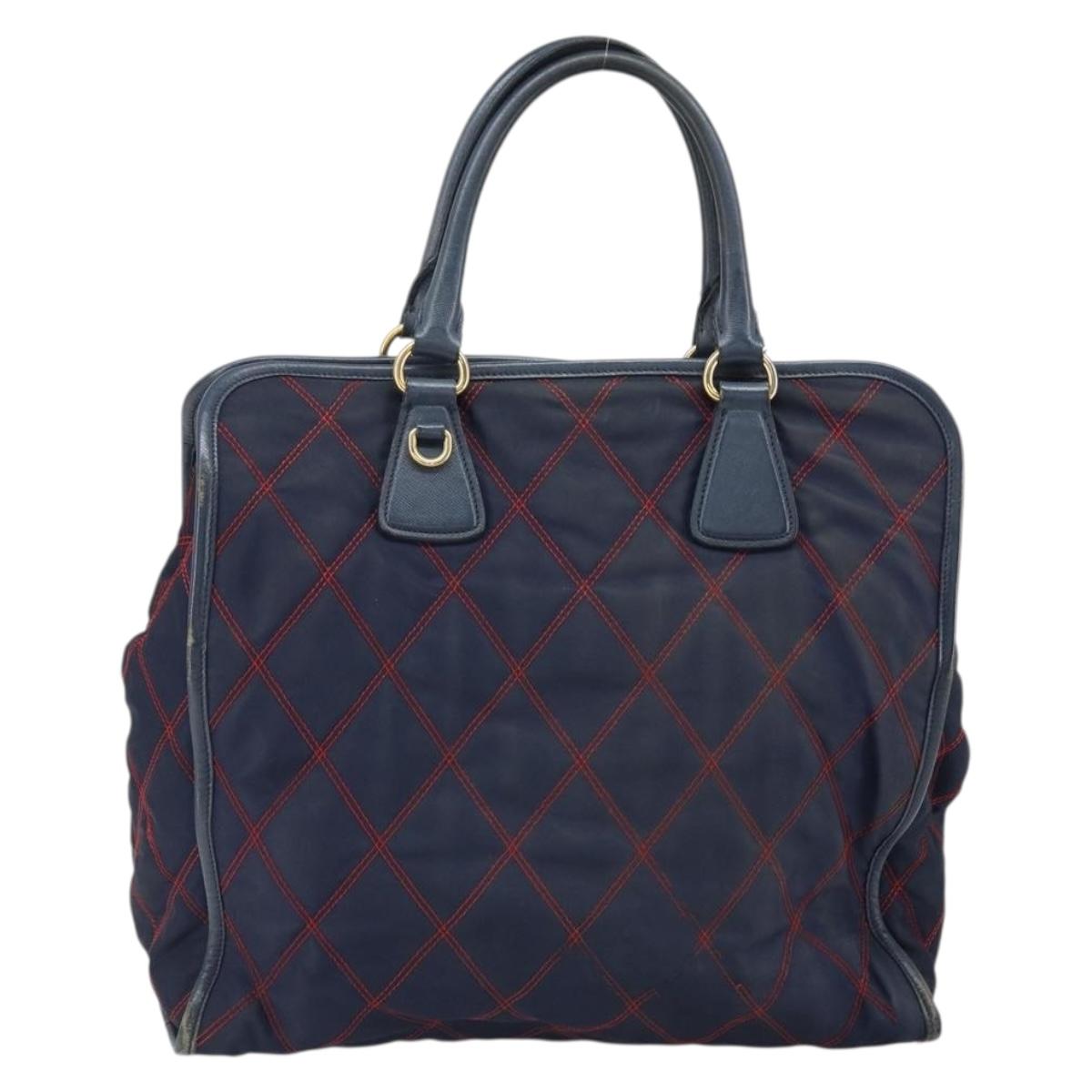 PRADA Hand Bag Nylon Navy Gold Auth 163420