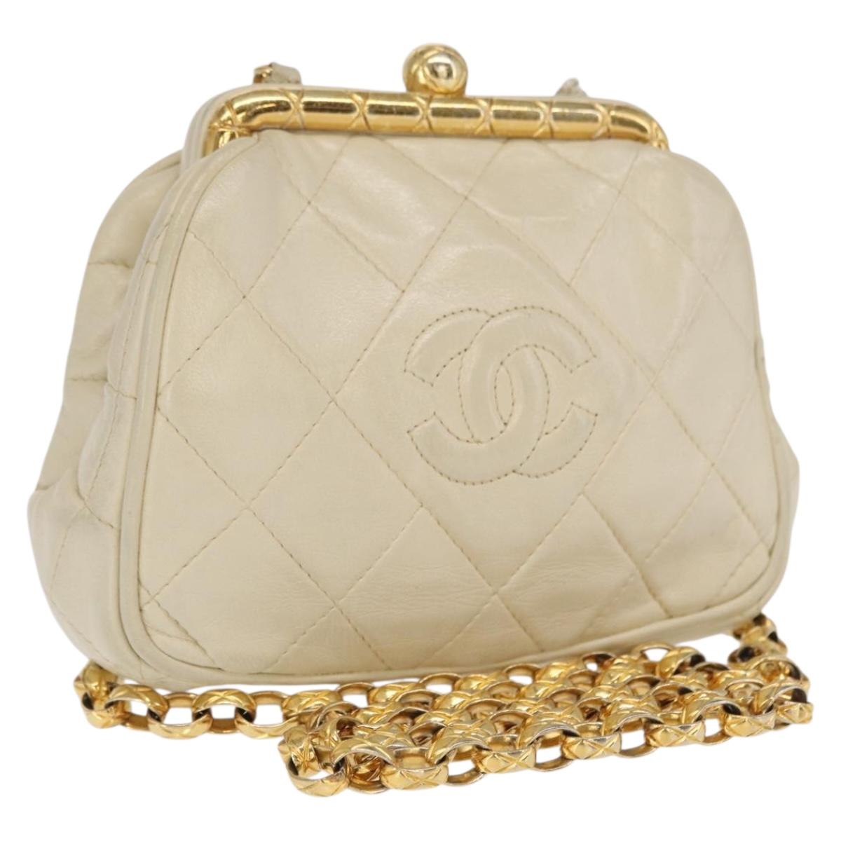 CHANEL Matelasse Chain Shoulder Bag Leather Ivory Gold CC Auth 163424
