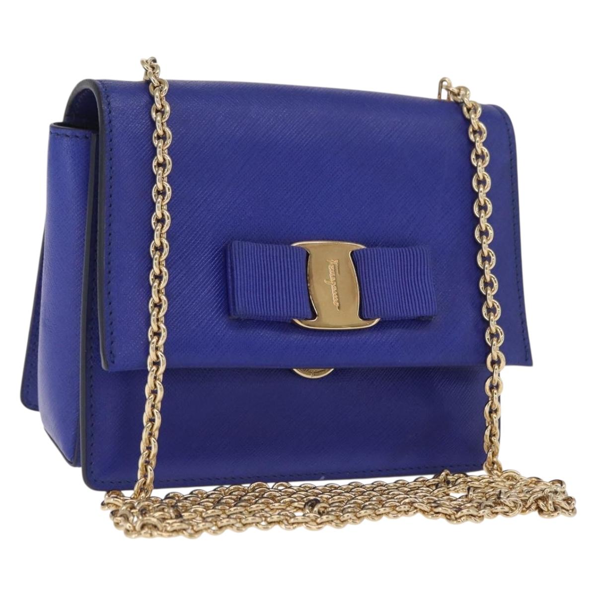 Salvatore Ferragamo Vala Chain Shoulder Bag Leather Blue Gold Auth 163452