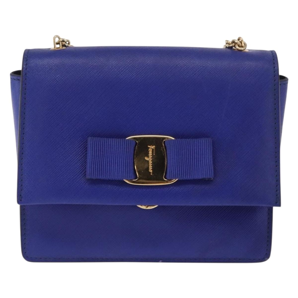 Salvatore Ferragamo Vala Chain Shoulder Bag Leather Blue Gold Auth 163452