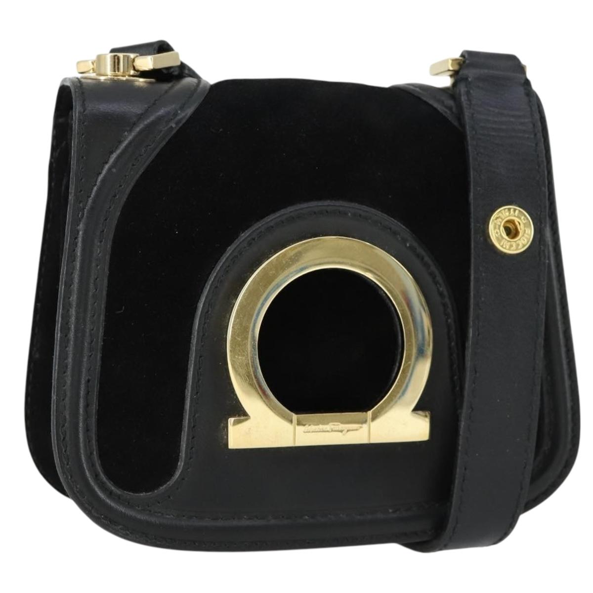 Salvatore Ferragamo Gancini Shoulder Bag Suede Black Gold Auth 163457