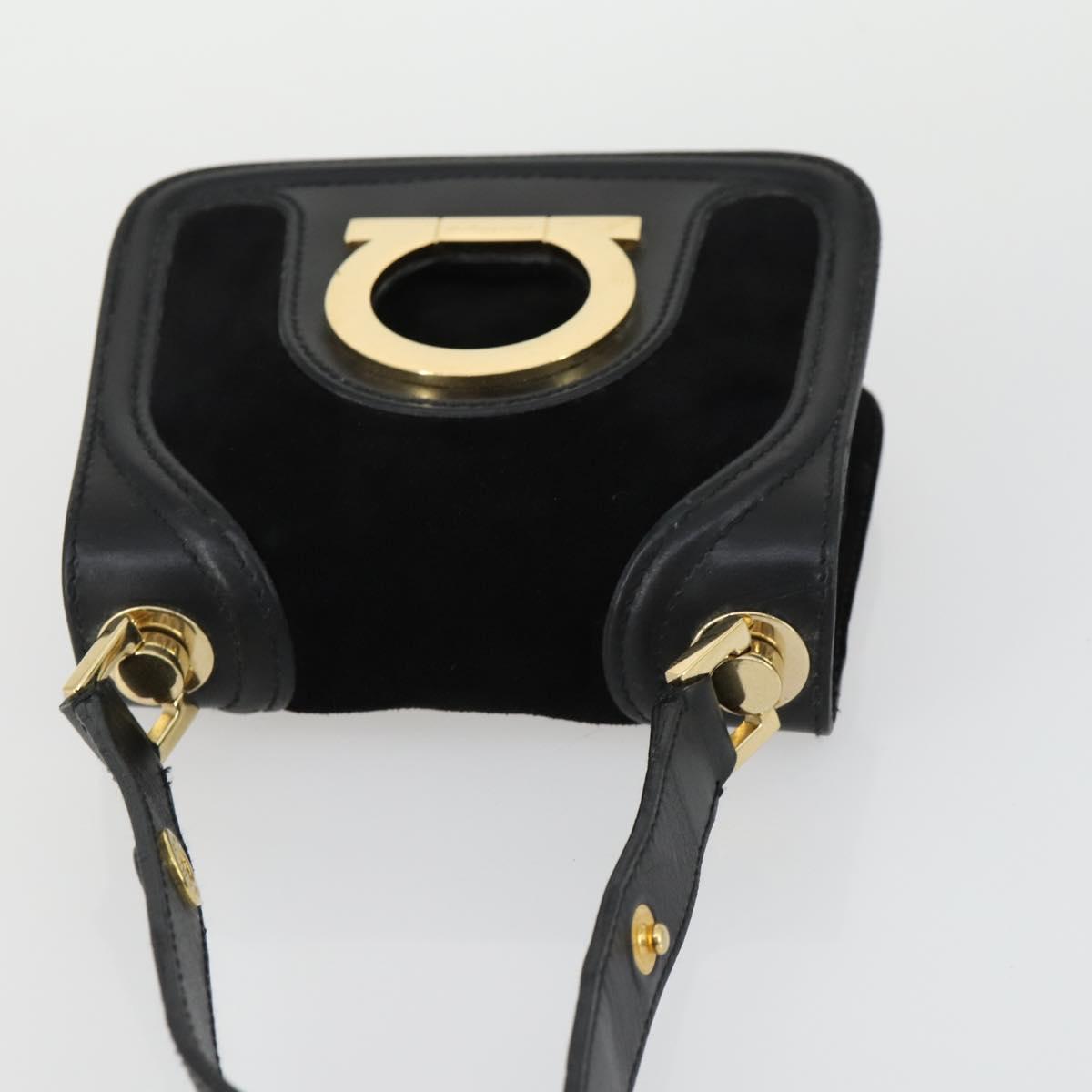 Salvatore Ferragamo Gancini Shoulder Bag Suede Black Gold Auth 163457