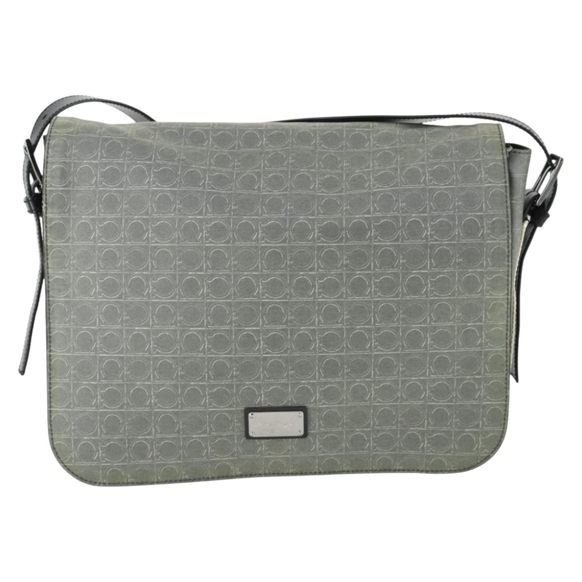 Salvatore Ferragamo Gancini Shoulder Bag PVC Canvas Gray Silver Auth 163461