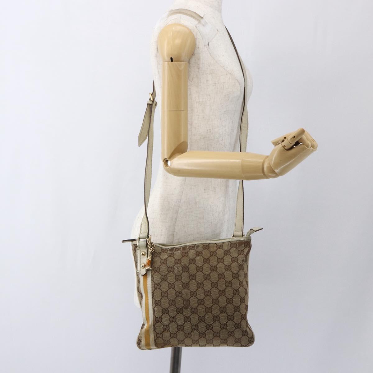 GUCCI GG Canvas Sherry Line Shoulder Bag Beige Gold 144388 Auth 163466