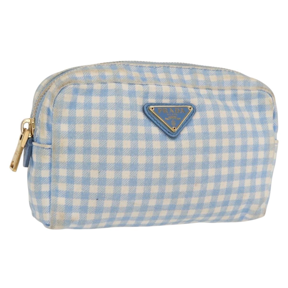PRADA Pouch Cotton Light Blue Gold Auth 163486