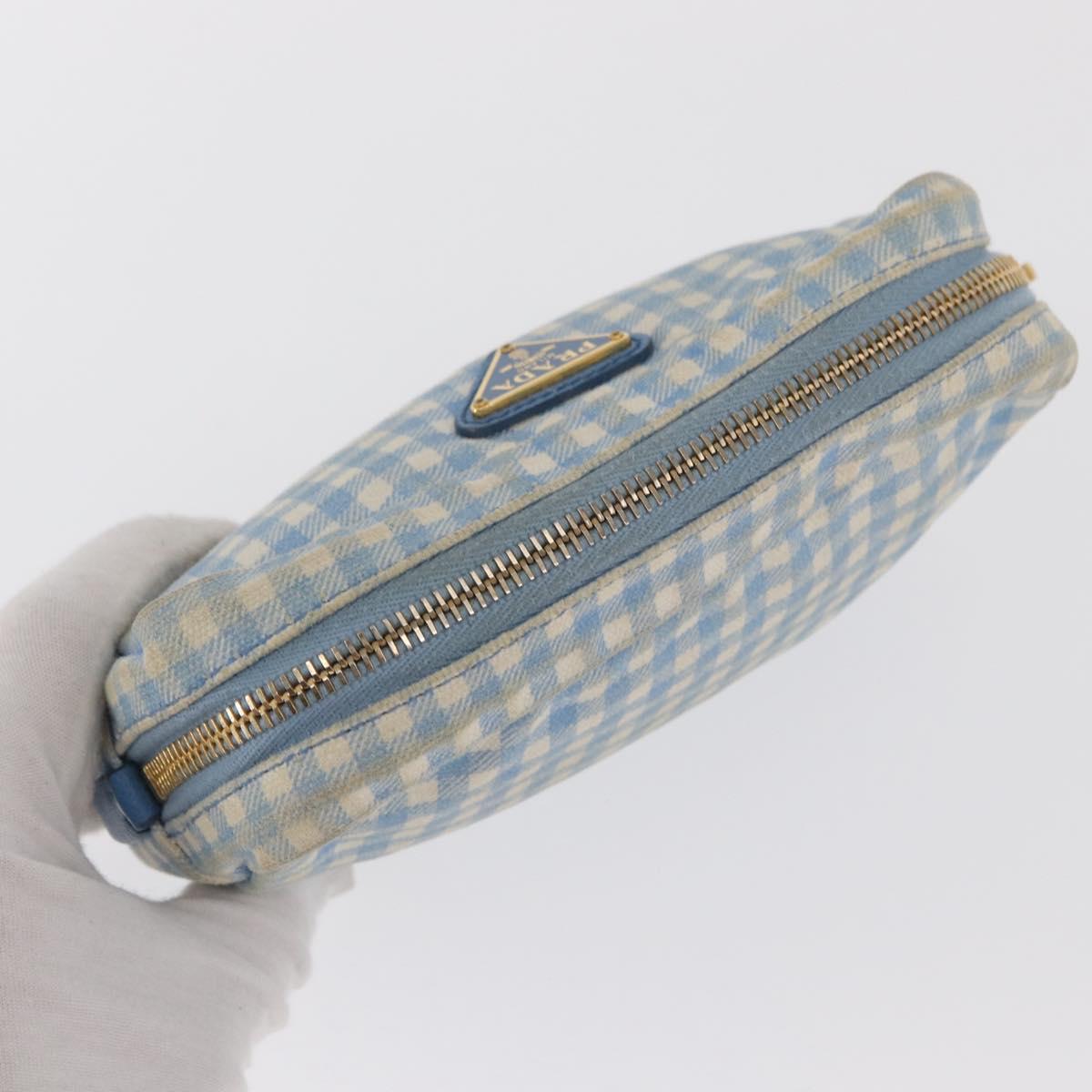 PRADA Pouch Cotton Light Blue Gold Auth 163486