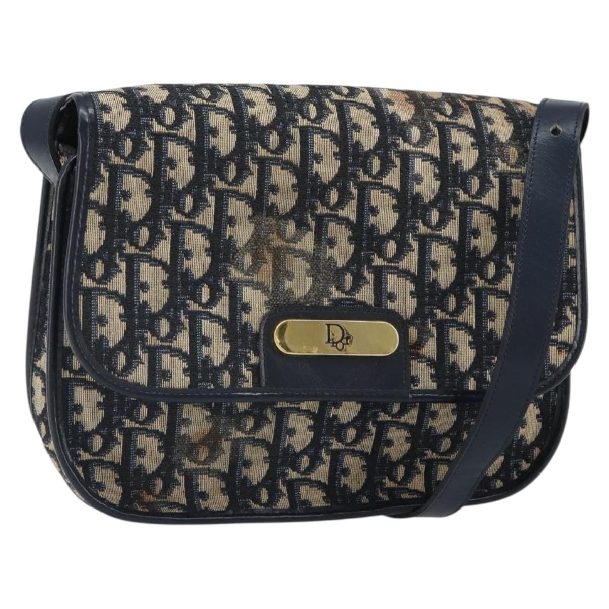 Christian Dior Trotter Canvas Shoulder Bag Navy Gold Auth 163503