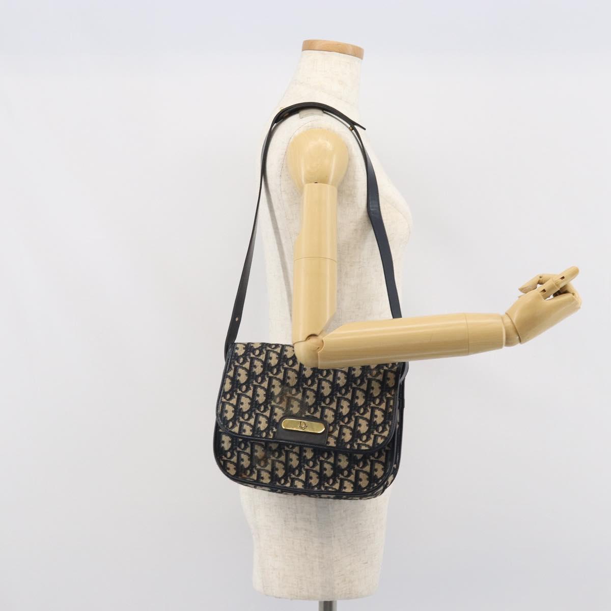 Christian Dior Trotter Canvas Shoulder Bag Navy Gold Auth 163503