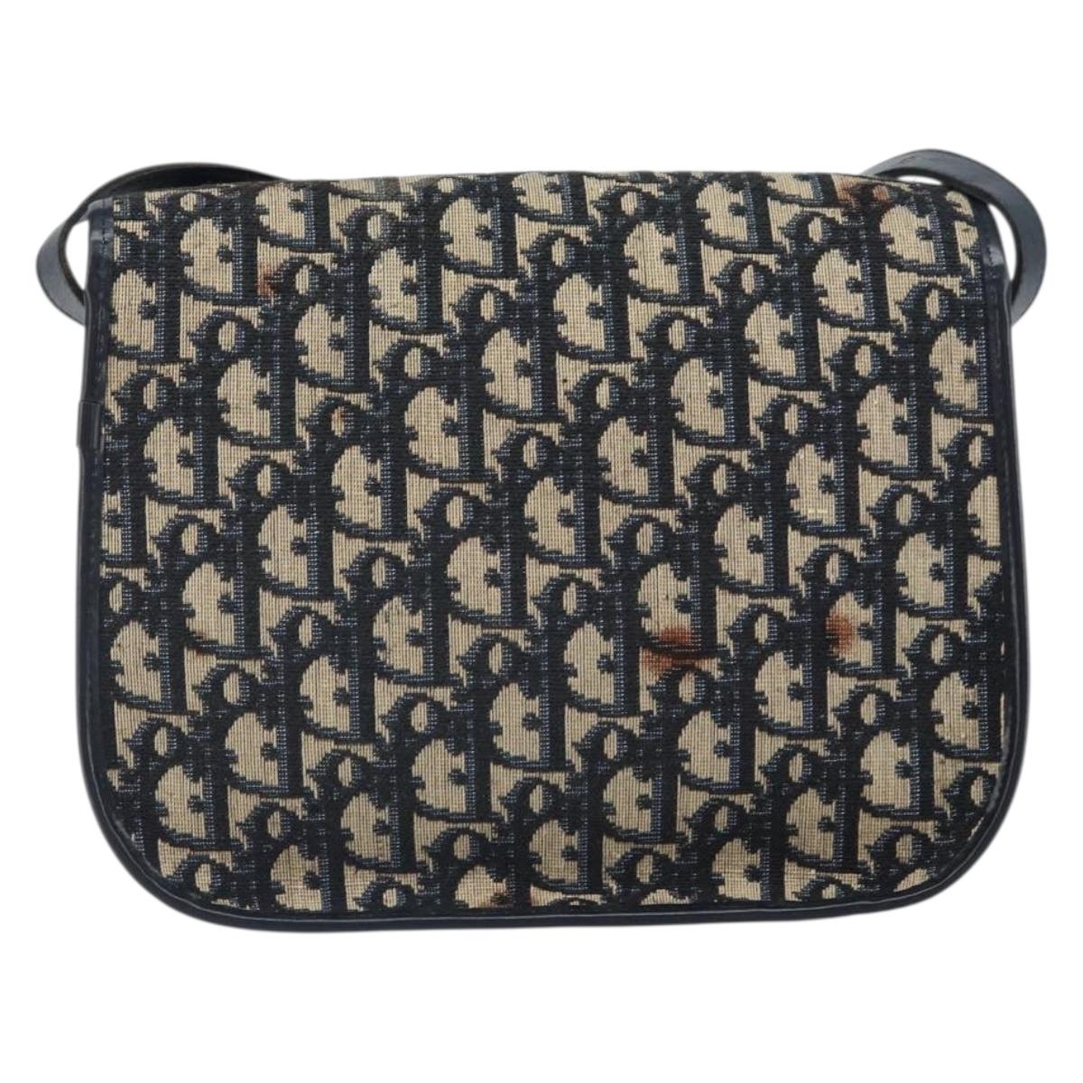 Christian Dior Trotter Canvas Shoulder Bag Navy Gold Auth 163503