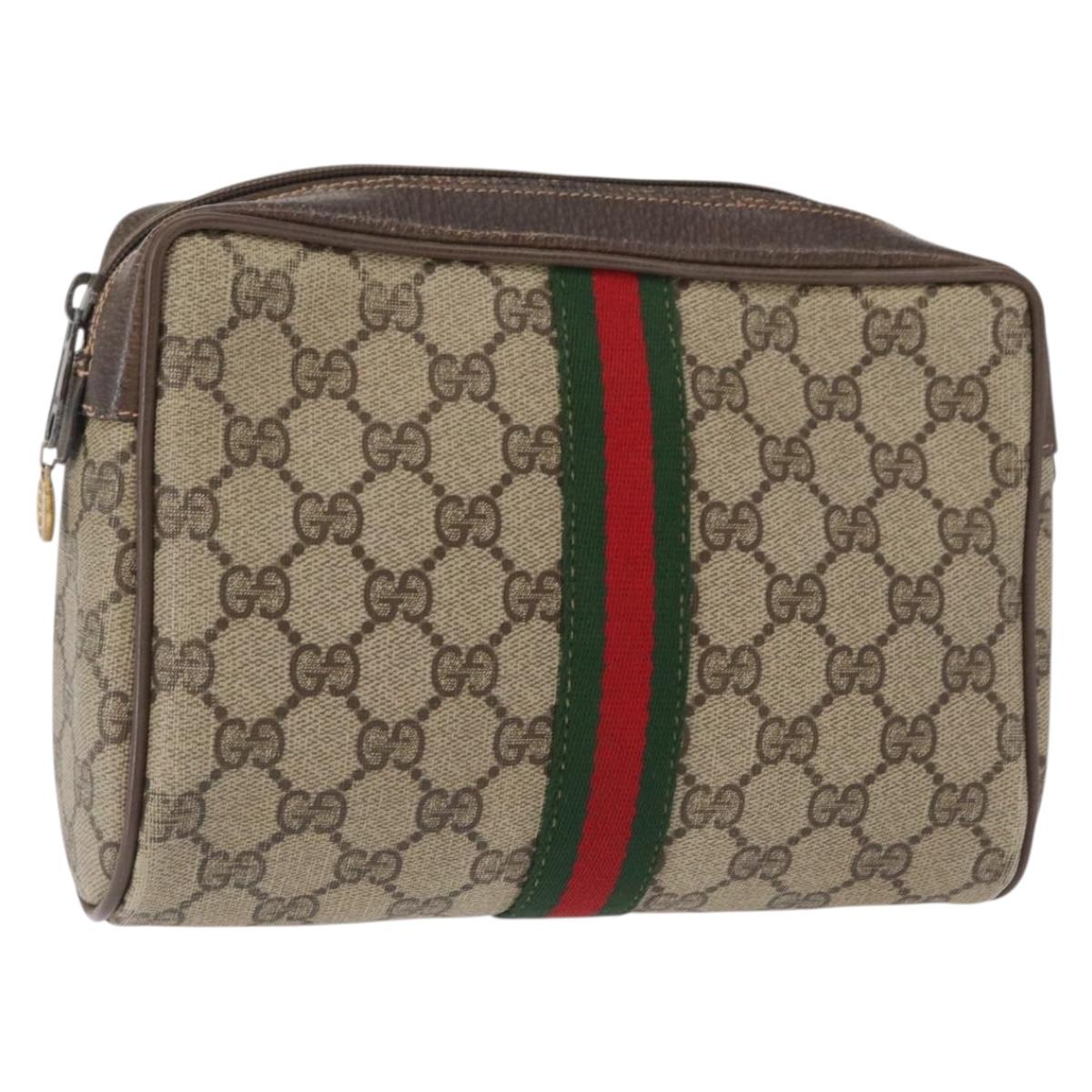 GUCCI GG Supreme Web Sherry Line Clutch Bag PVC Beige Gold 63 01 012 Auth 163504