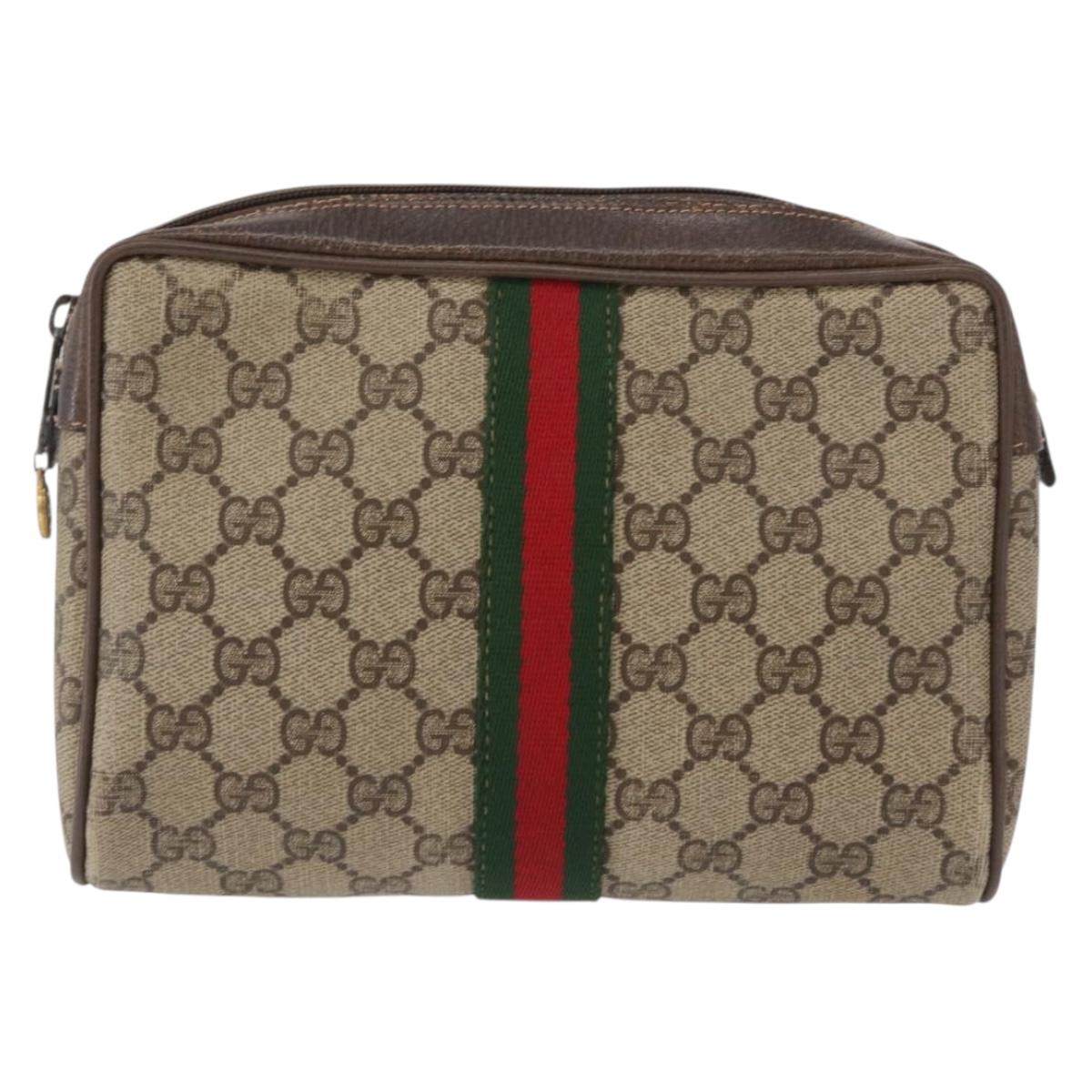GUCCI GG Supreme Web Sherry Line Clutch Bag PVC Beige Gold 63 01 012 Auth 163504