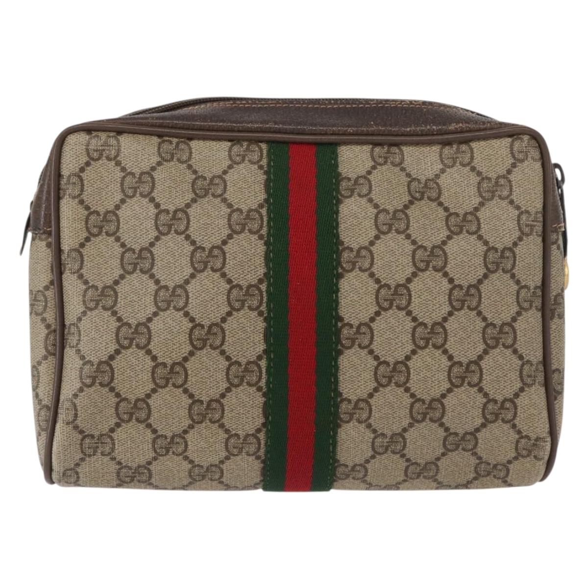 GUCCI GG Supreme Web Sherry Line Clutch Bag PVC Beige Gold 63 01 012 Auth 163504