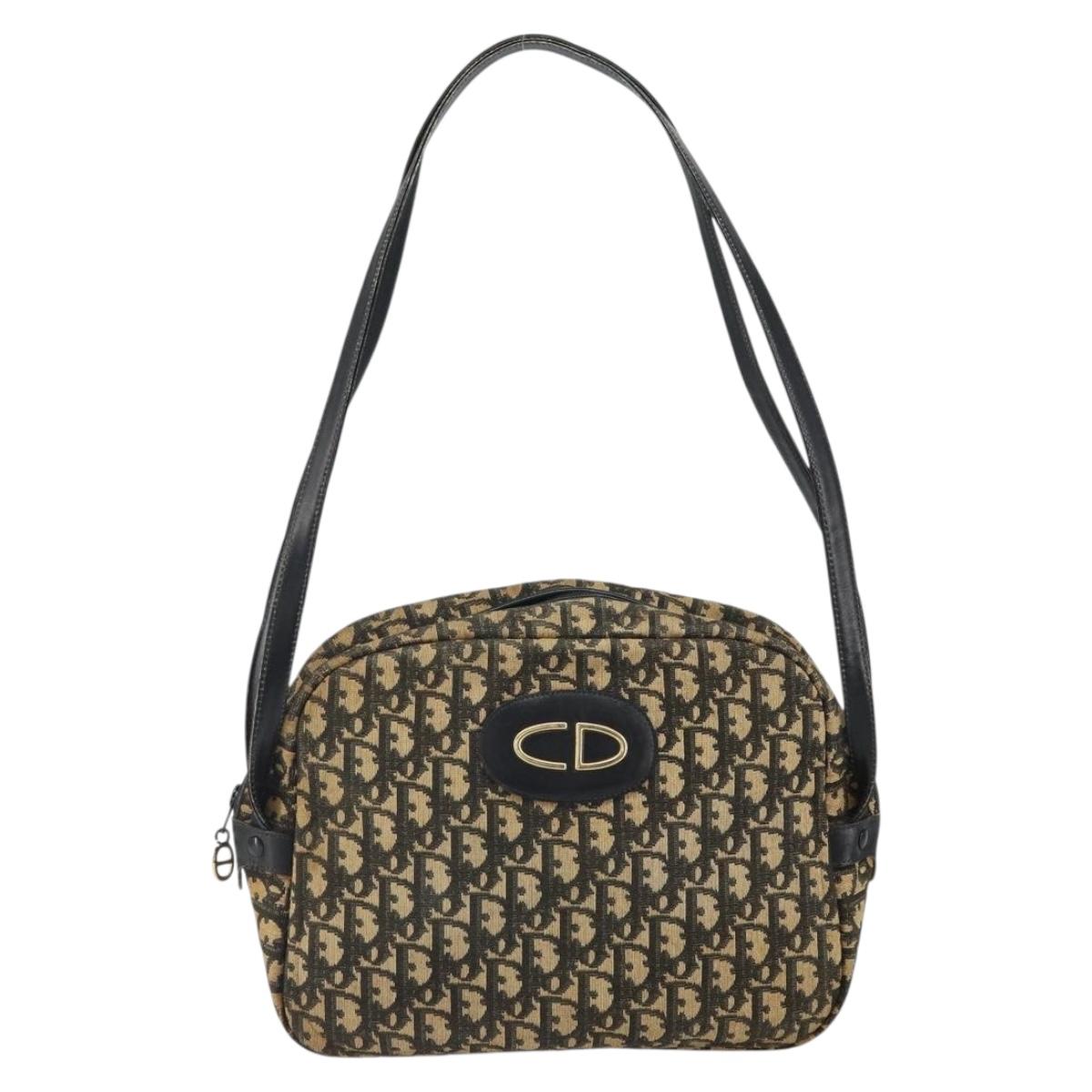 Christian Dior Trotter Canvas Shoulder Bag Black Gold Auth 163518
