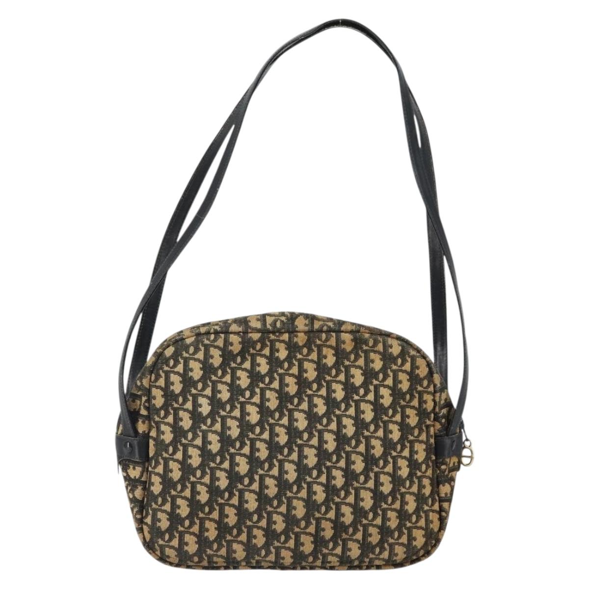 Christian Dior Trotter Canvas Shoulder Bag Black Gold Auth 163518