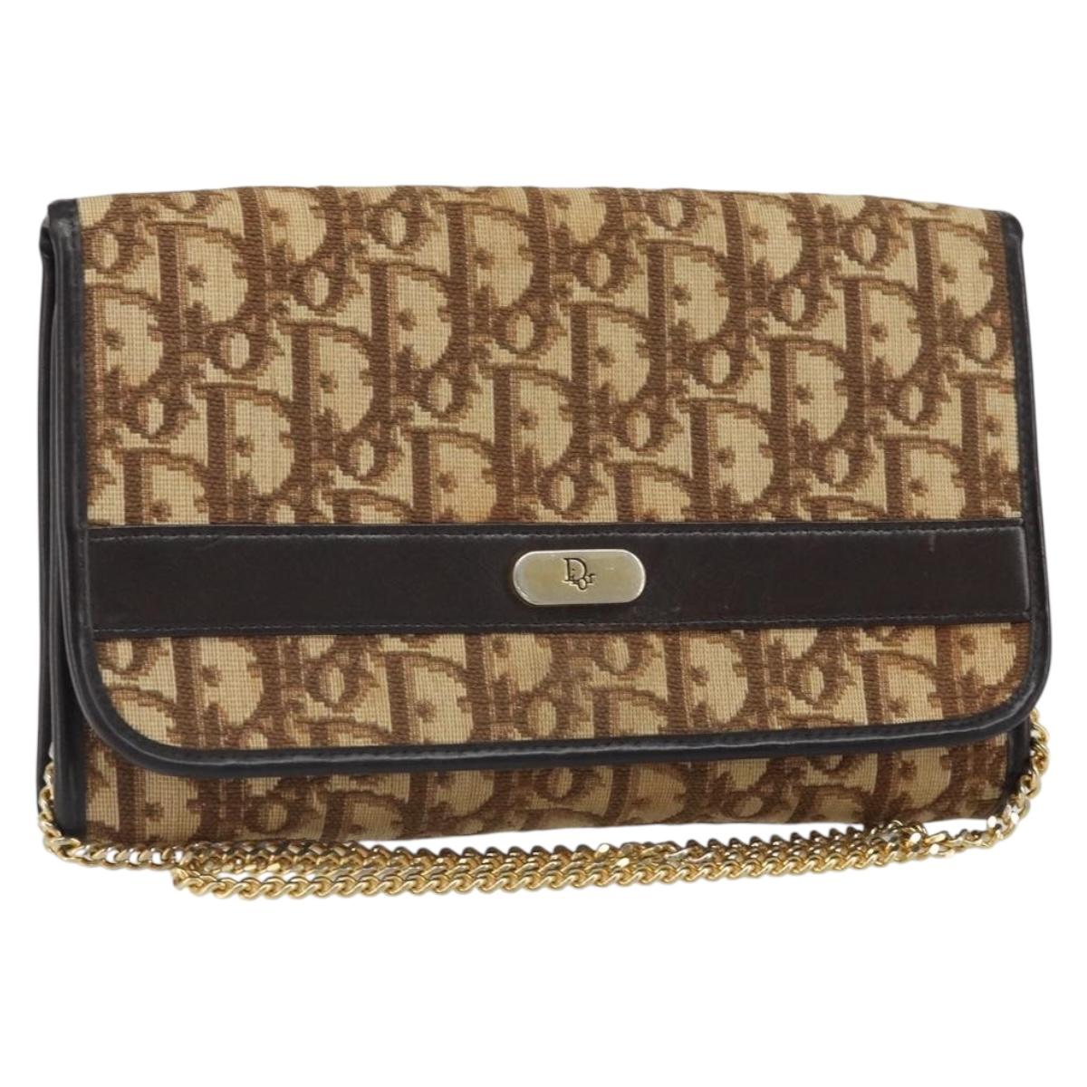 Christian Dior Trotter Canvas Chain Shoulder Bag Beige Gold Auth 163522