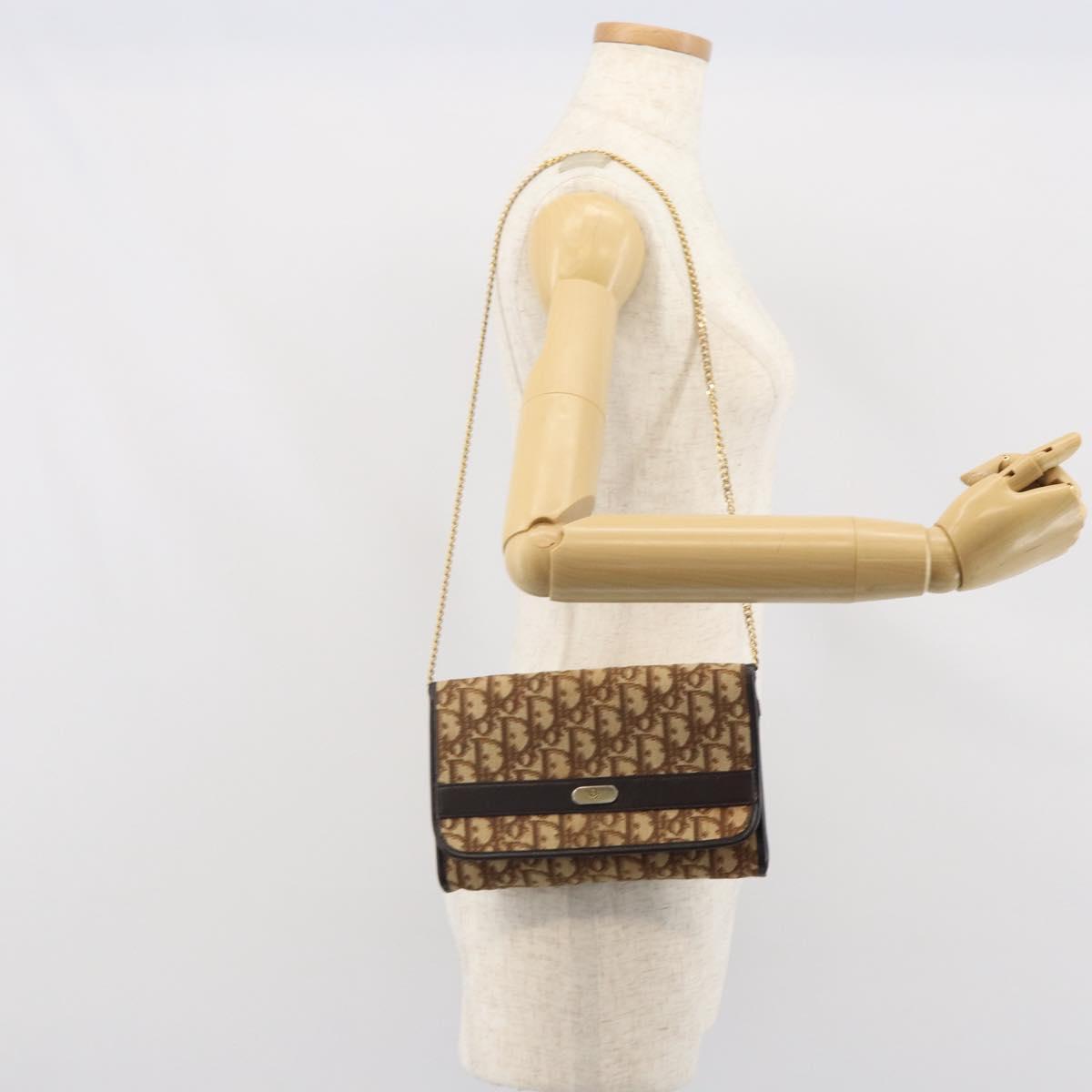 Christian Dior Trotter Canvas Chain Shoulder Bag Beige Gold Auth 163522