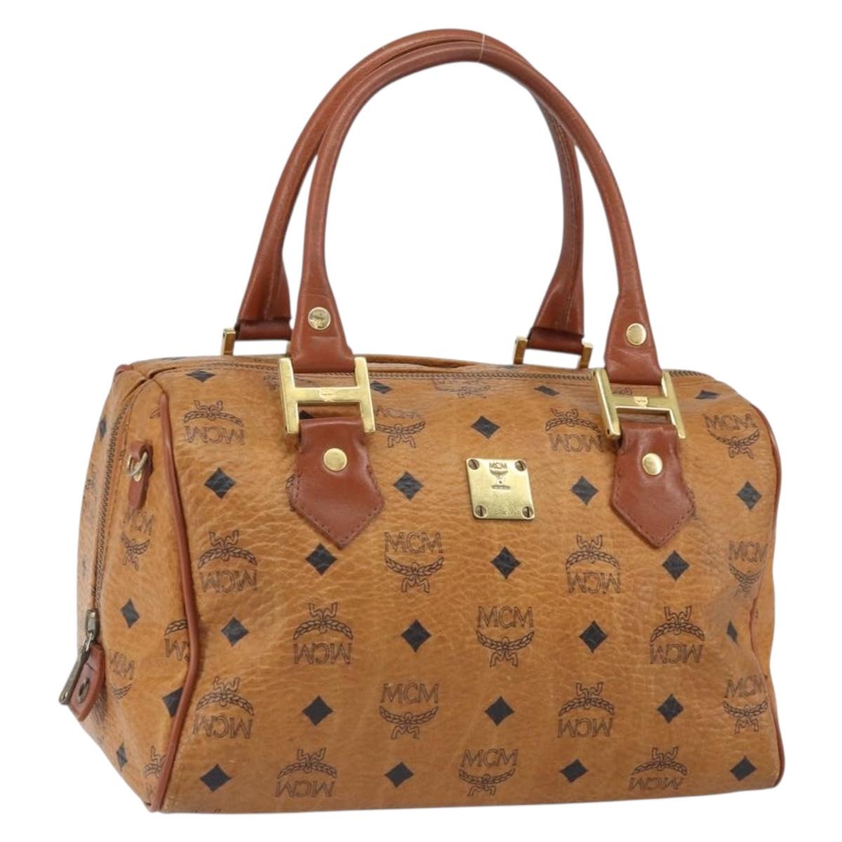MCM Vicetos Logogram Boston Bag PVC Leather Brown Gold Auth 163539