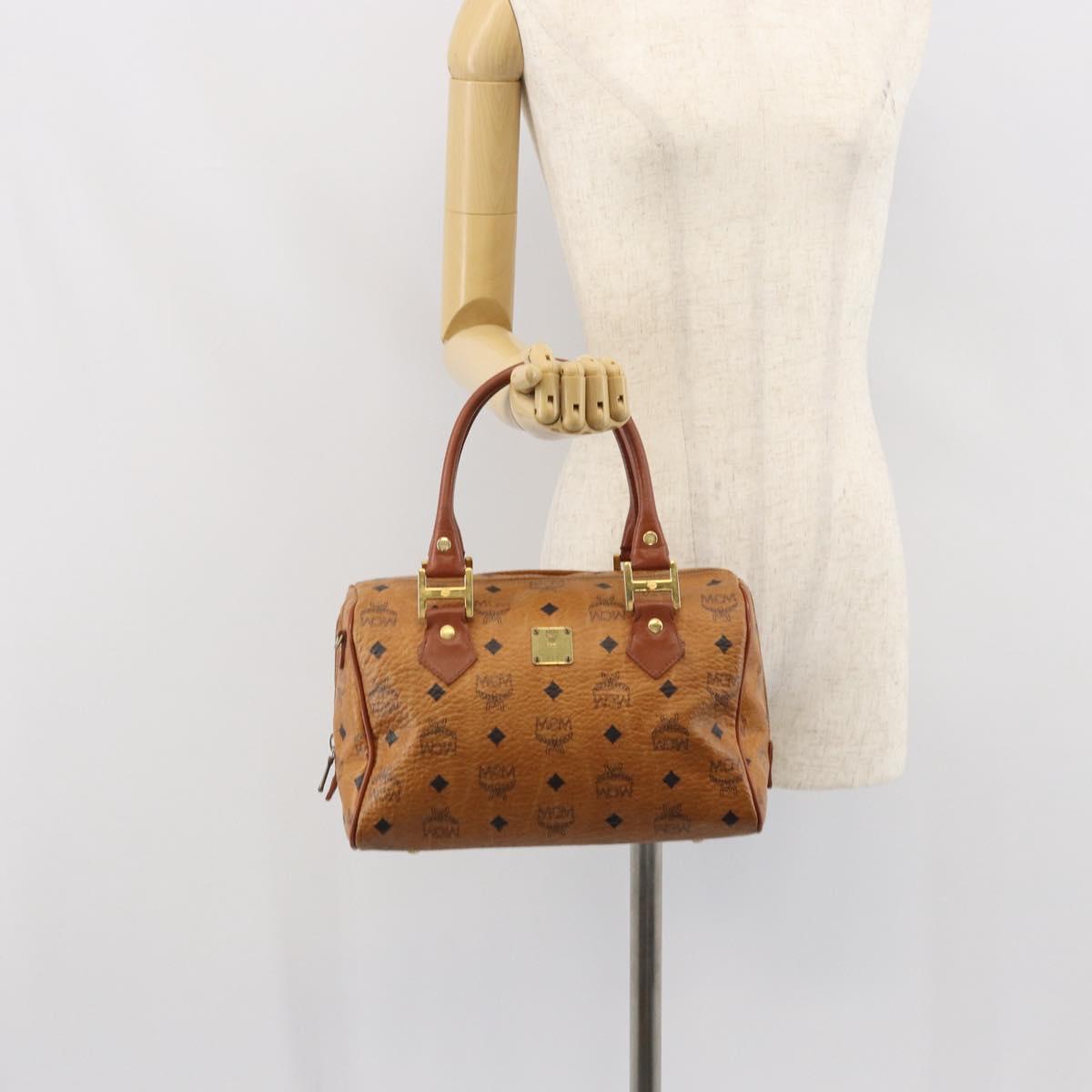 MCM Vicetos Logogram Boston Bag PVC Leather Brown Gold Auth 163539