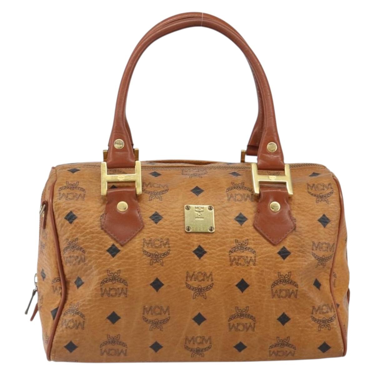 MCM Vicetos Logogram Boston Bag PVC Leather Brown Gold Auth 163539