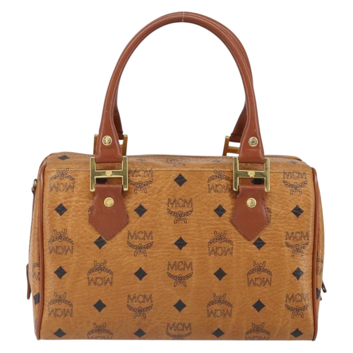 MCM Vicetos Logogram Boston Bag PVC Leather Brown Gold Auth 163539
