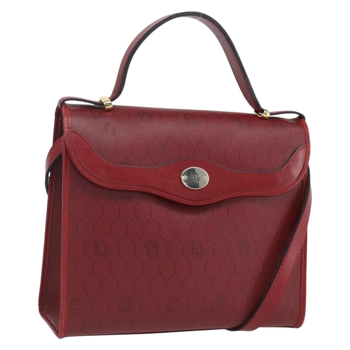 Christian Dior Honeycomb Canvas Hand Bag PVC Leather 2way Red Gold Auth 163559