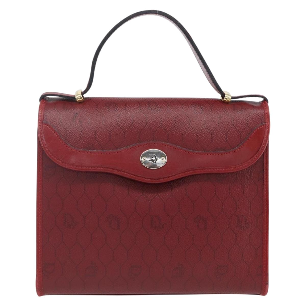 Christian Dior Honeycomb Canvas Hand Bag PVC Leather 2way Red Gold Auth 163559