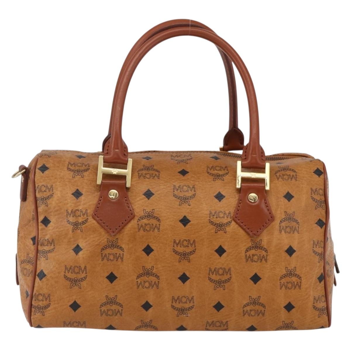 MCM Vicetos Logogram Boston Bag PVC Leather Brown Gold Auth 163563