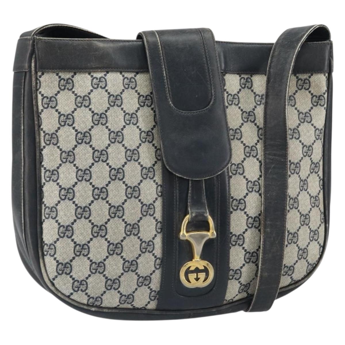 GUCCI GG Supreme Horsebit Shoulder Bag PVC Navy Gold Auth 163567