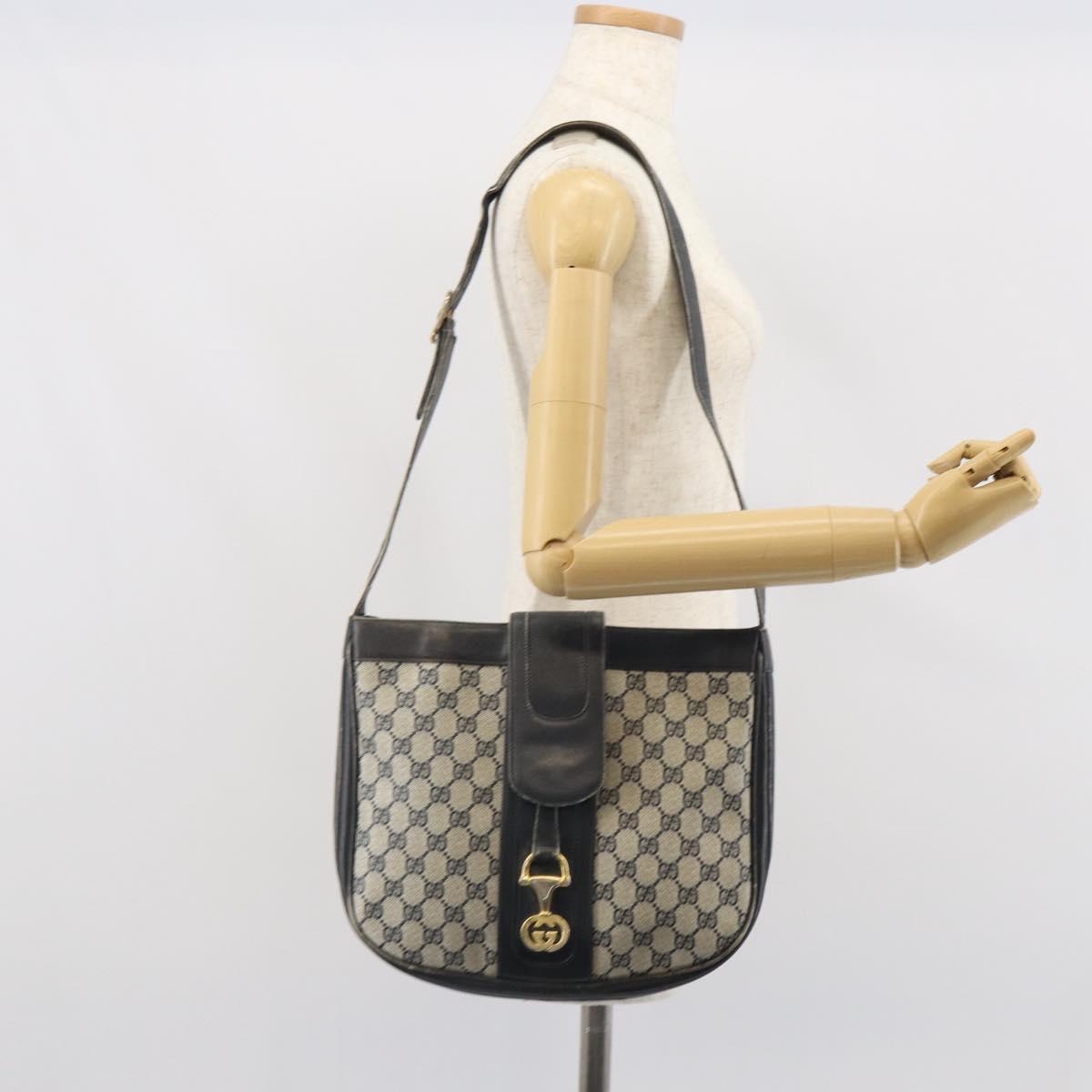 GUCCI GG Supreme Horsebit Shoulder Bag PVC Navy Gold Auth 163567