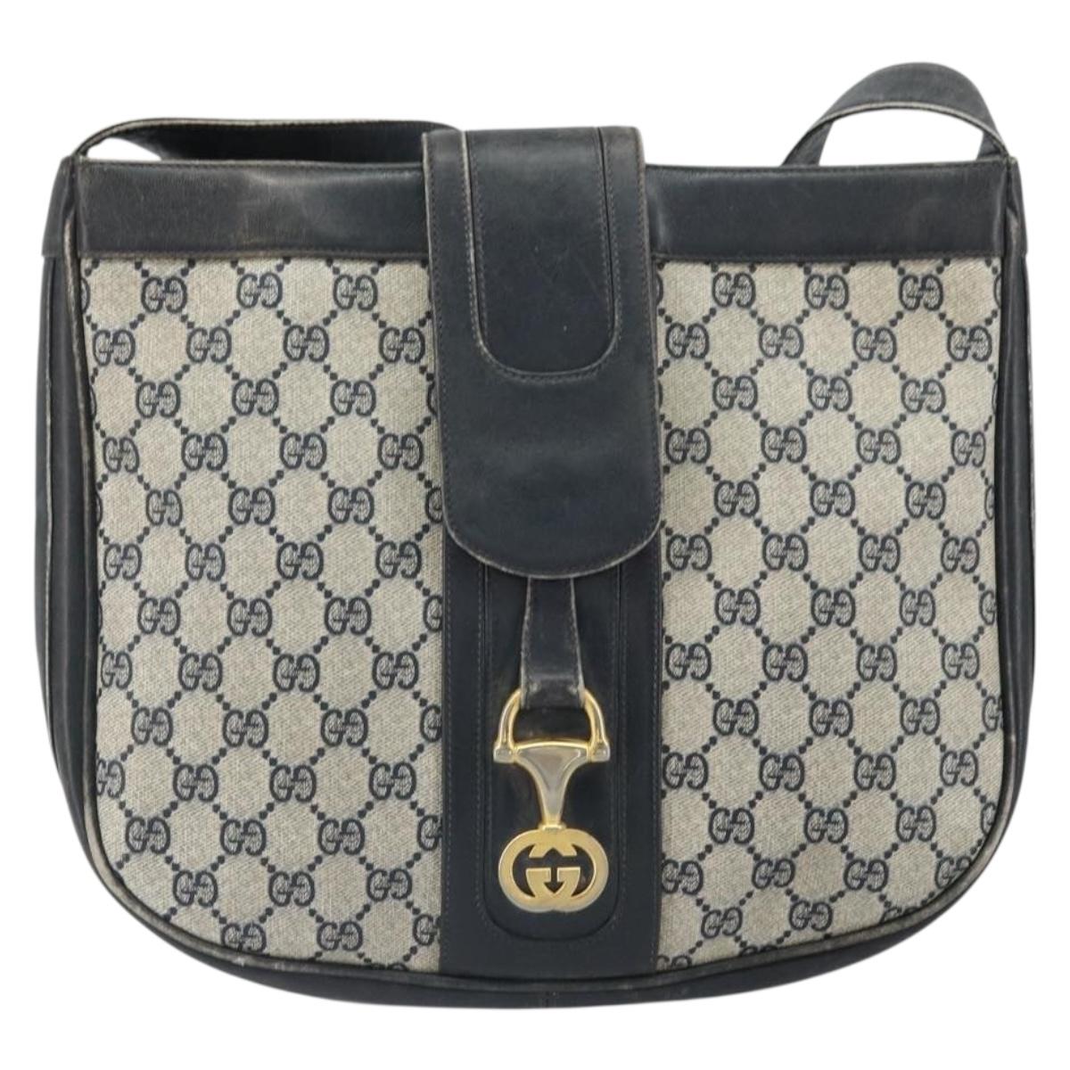 GUCCI GG Supreme Horsebit Shoulder Bag PVC Navy Gold Auth 163567