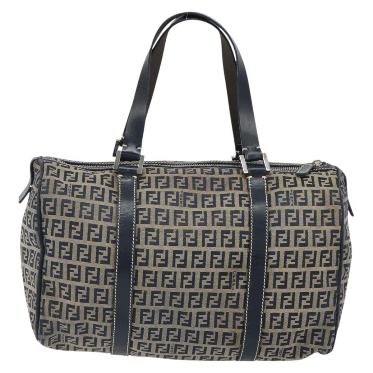 FENDI Zucchino Canvas Boston Bag Navy Silver Auth 163575