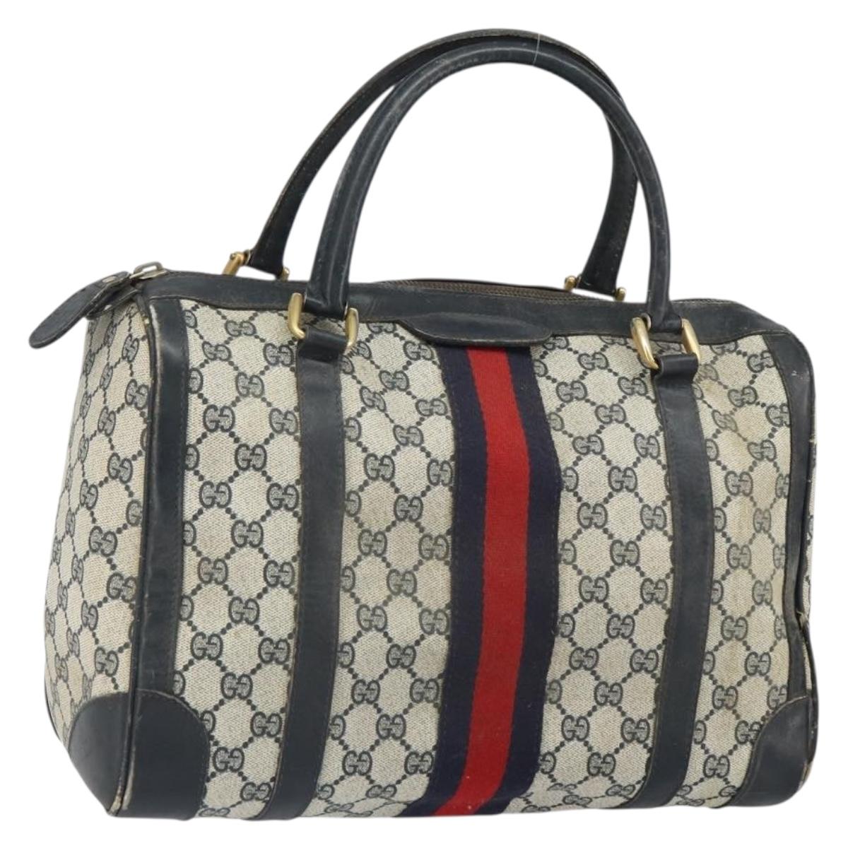 GUCCI GG Supreme Sherry Line Boston Bag PVC Navy Gold Red Auth 163578
