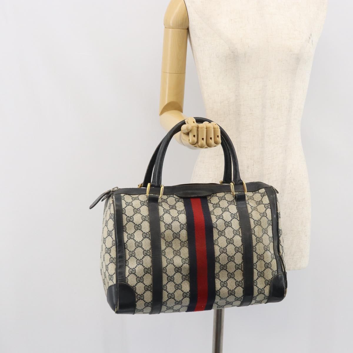 GUCCI GG Supreme Sherry Line Boston Bag PVC Navy Gold Red Auth 163578