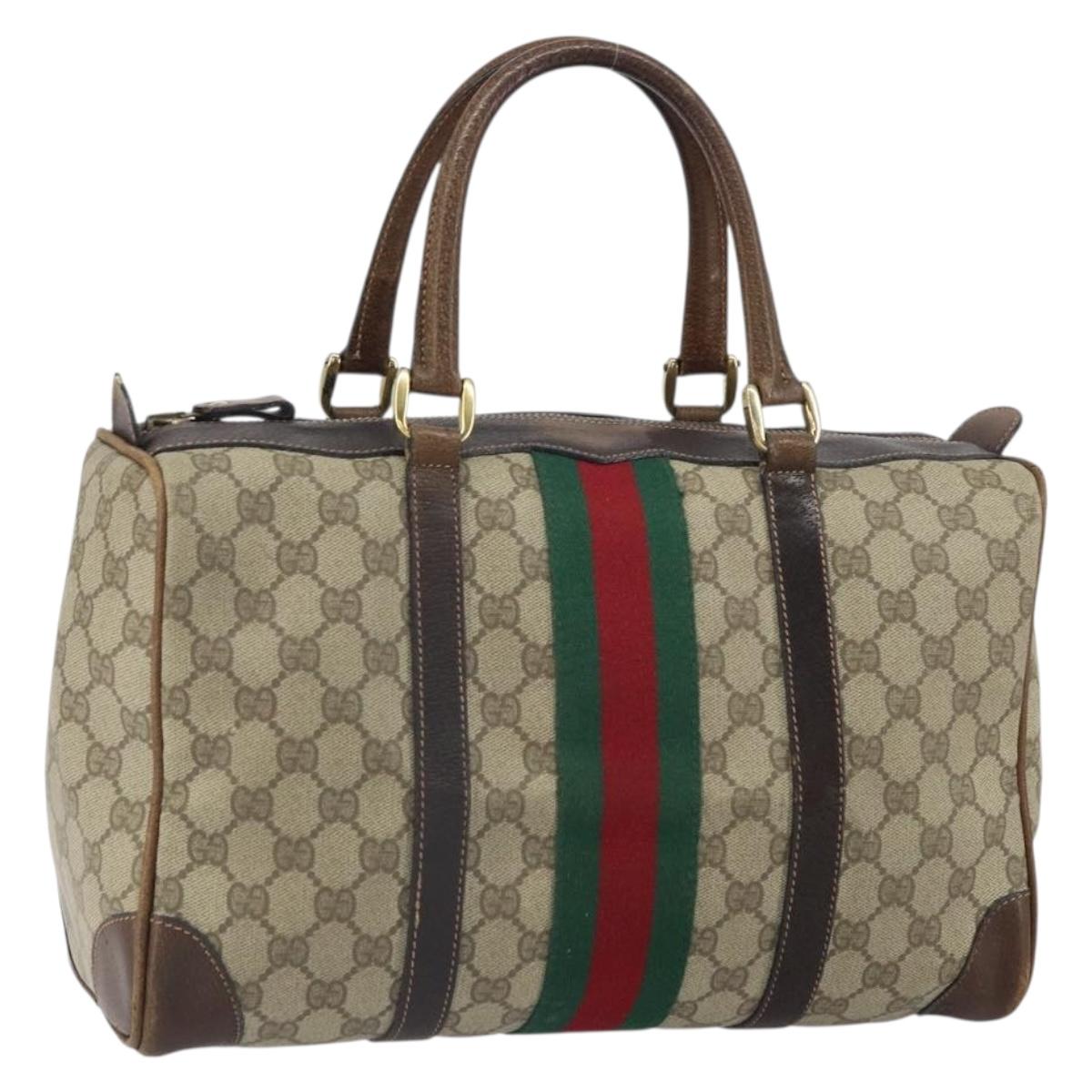 GUCCI GG Supreme Web Sherry Line Boston Bag PVC Beige Gold Red Auth 163579